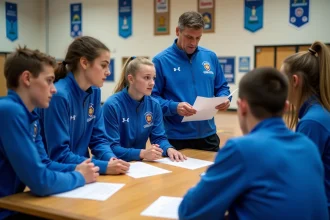 Groupe de joueurs de football en réunion dans un gymnase