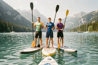 Famille en stand up paddle sur un lac de montagne calme pendant les vacances d'été