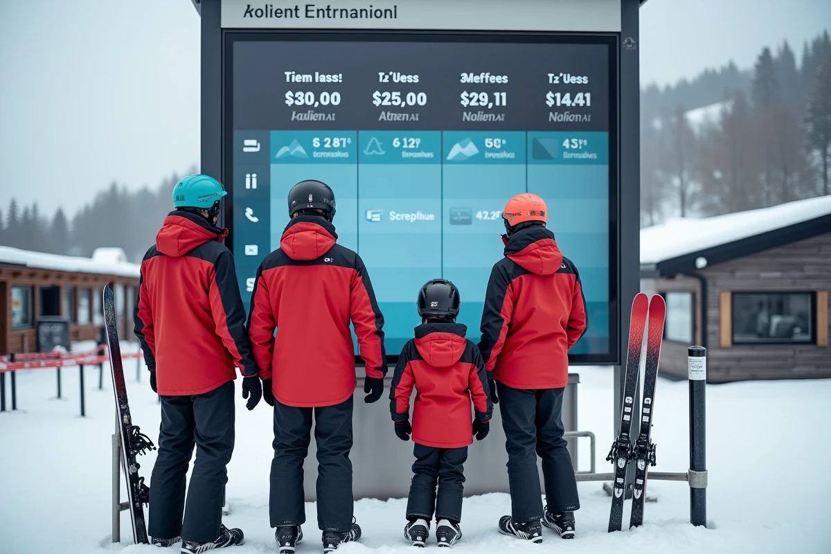 Famille devant un panneau d'affichage des tarifs de forfait ski à La Plagne avec options de durée