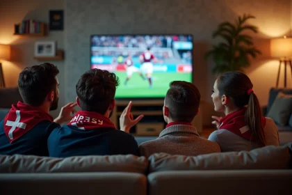 Groupe de fans de rugby regardant un match à la télévision