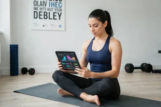 Femme utilisant une application de suivi sportif sur tablette dans un espace fitness à domicile pour rester motivée toute l'année