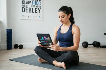 Femme utilisant une application de suivi sportif sur tablette dans un espace fitness à domicile pour rester motivée toute l'année