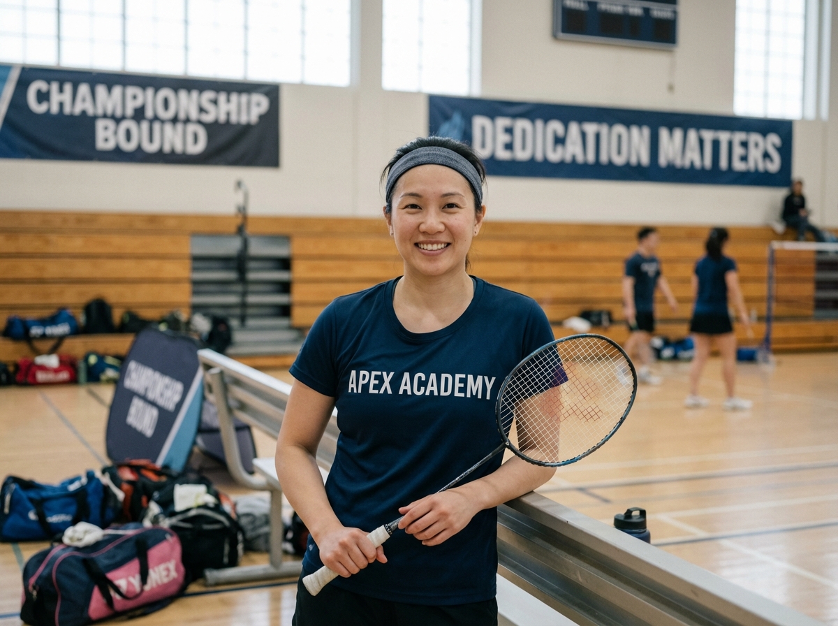 Femme athlète souriante avec raquette dans un gymnase