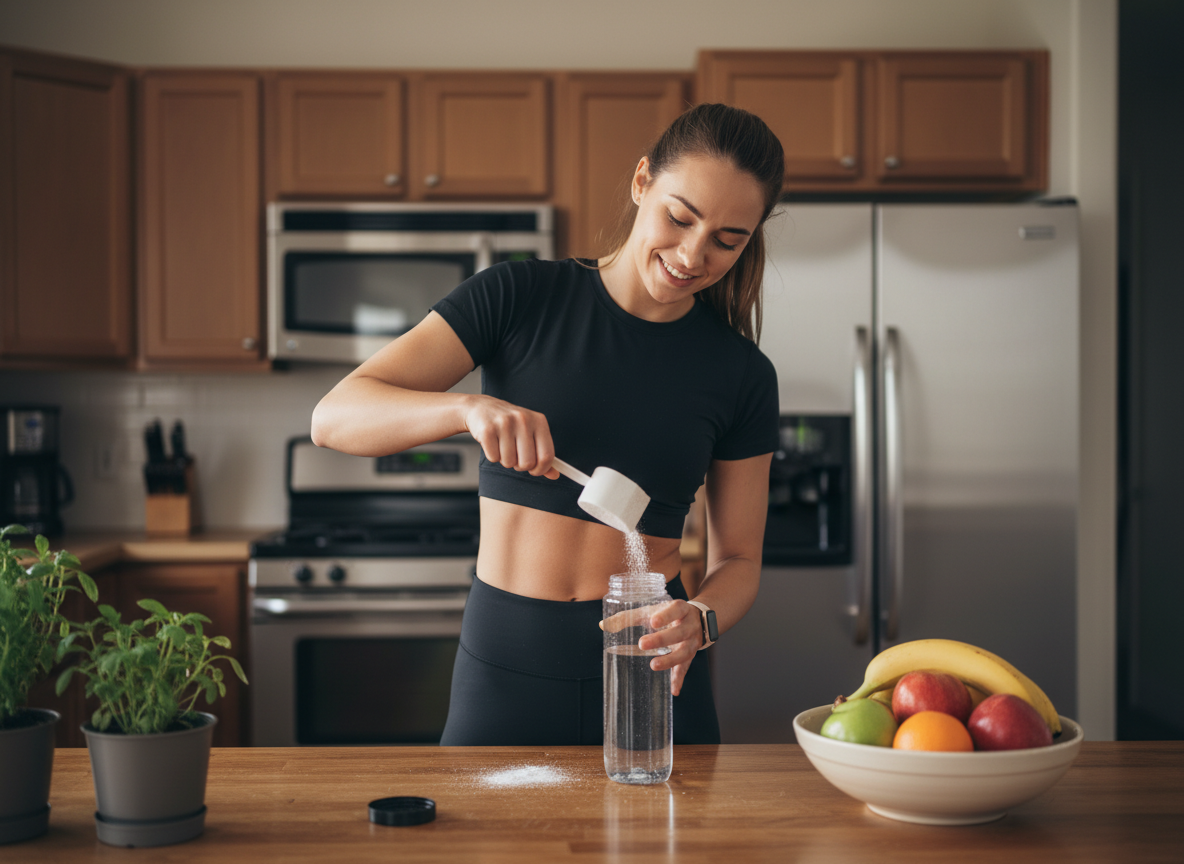 Femme sportive versant créatine dans une bouteille