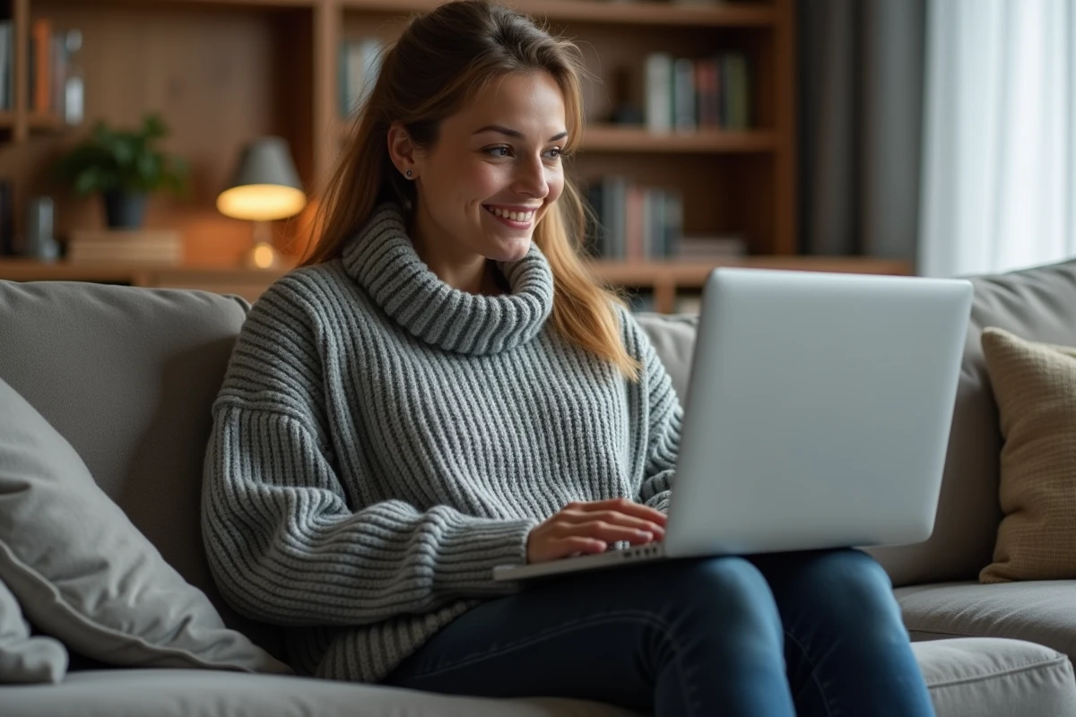 Femme consultant le site universfootball.fr sur un ordinateur portable dans un salon confortable