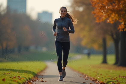 Femme en course dans un parc urbain automnal