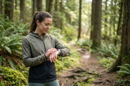 Femme sportive vérifiant sa montre connectée en pleine nature