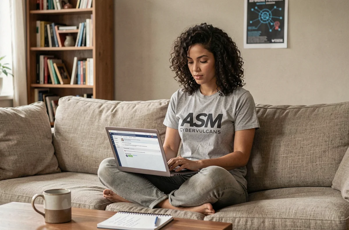 Femme membre d'un forum cybersécurité consultant les annonces importantes depuis son canapé avec un laptop