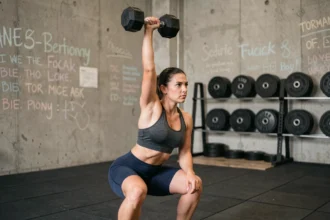 Femme athlétique en position basse du dumbbell snatch avec haltère verrouillé au-dessus de la tête dans une salle de CrossFit