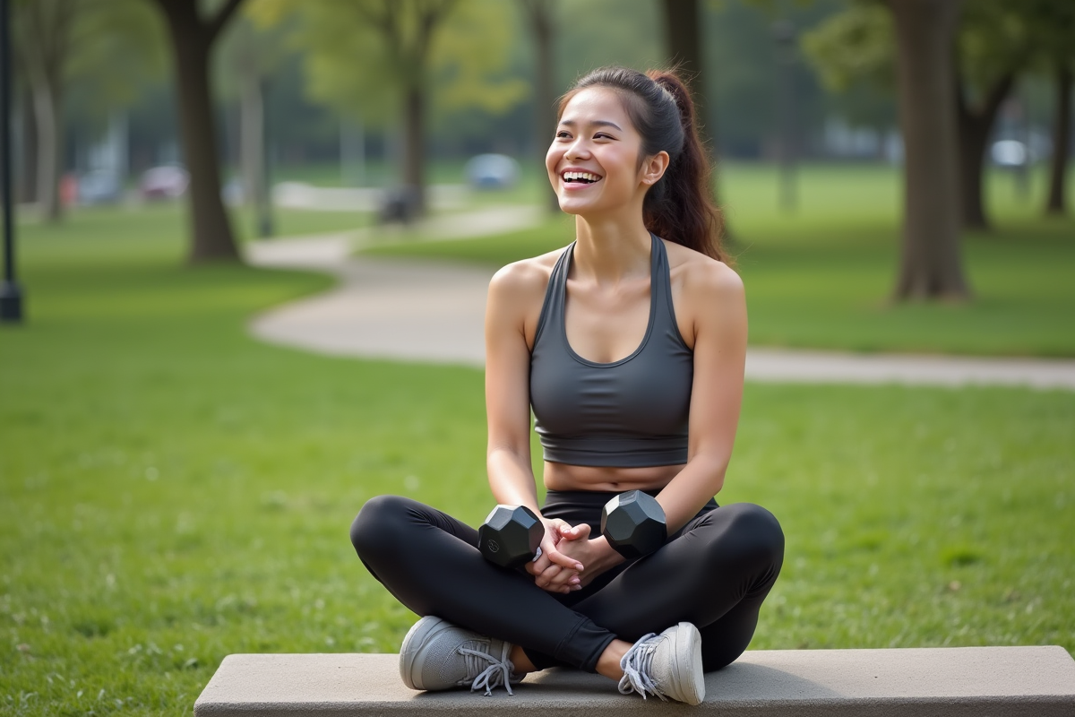 Jeune femme souriante assise avec haltères dans un parc urbain