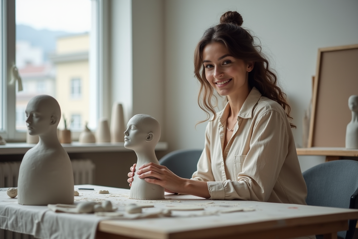 Jeune femme sculptant une modele en argile dans un studio moderne