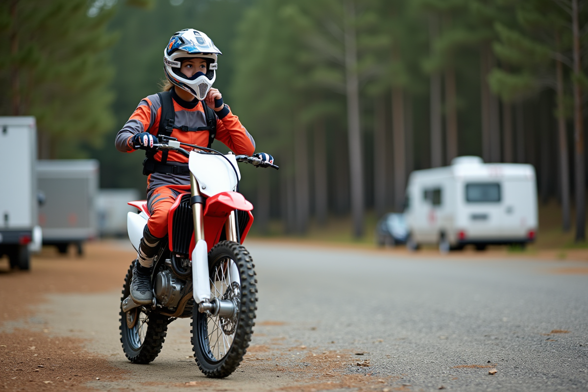Jeune femme en motocross ajustant son casque dans un parking