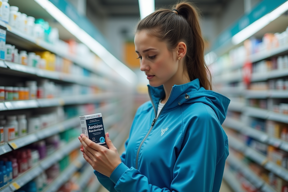 Femme étudie un box de compléments dans une pharmacie