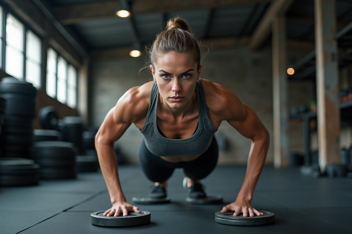 Femme athlète réalisant des pompes avec plaques de fonte sur le dos dans une salle de CrossFit industrielle