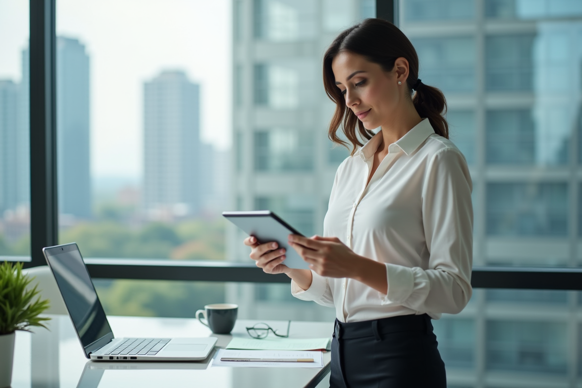 Femme professionnelle utilisant une tablette au bureau