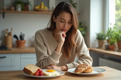 Jeune femme compare deux assiettes de repas équilibrés