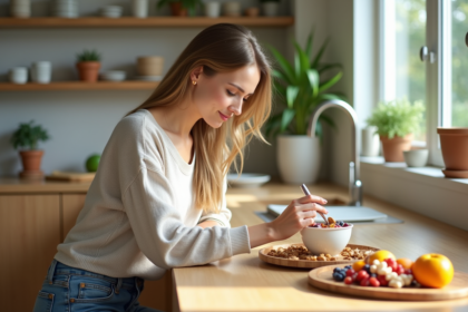 Femme souriante préparant une salade de fruits dans une cuisine lumineuse