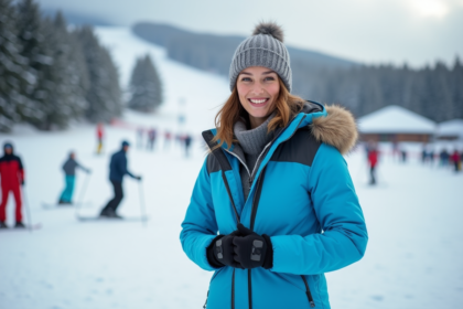 Jeune femme souriante en parka bleue au ski