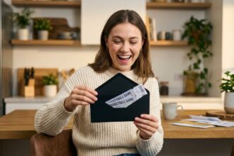 Jeune femme souriante ouvre une enveloppe avec billets de basketball