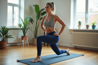 Femme sportive faisant des lunges dans un salon lumineux