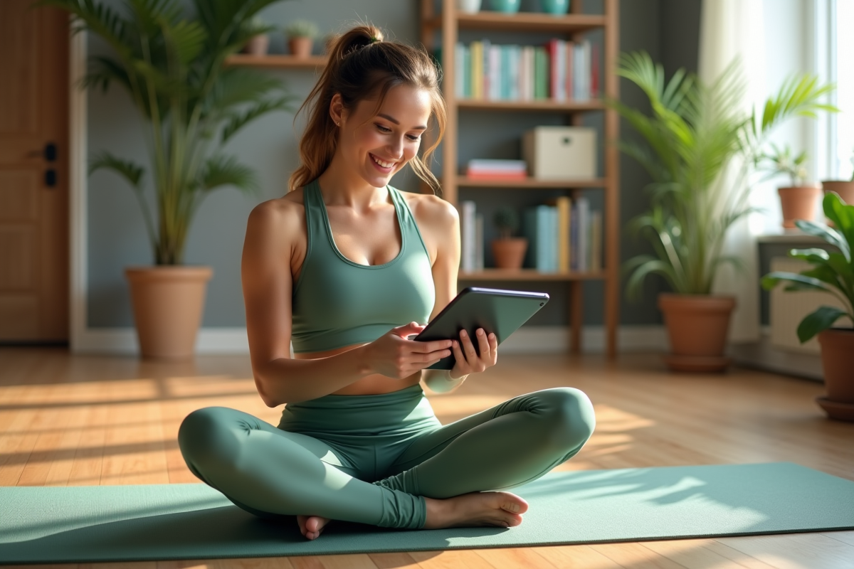 Femme sportive assise en yoga dans un salon lumineux