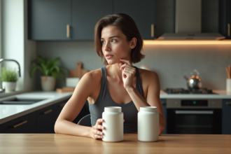 Jeune femme sportive compare deux contenants de proteines