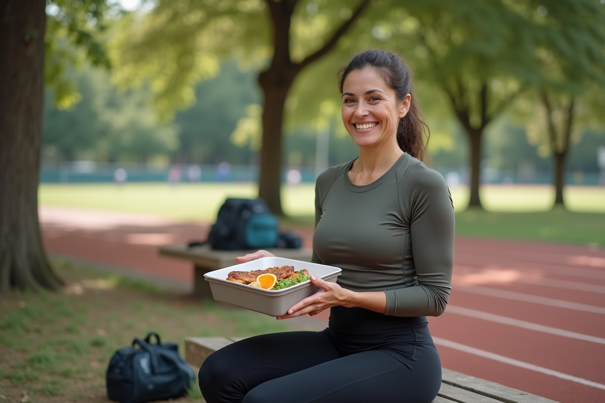 Femme sportive souriante avec un poulet dans une boîte repas