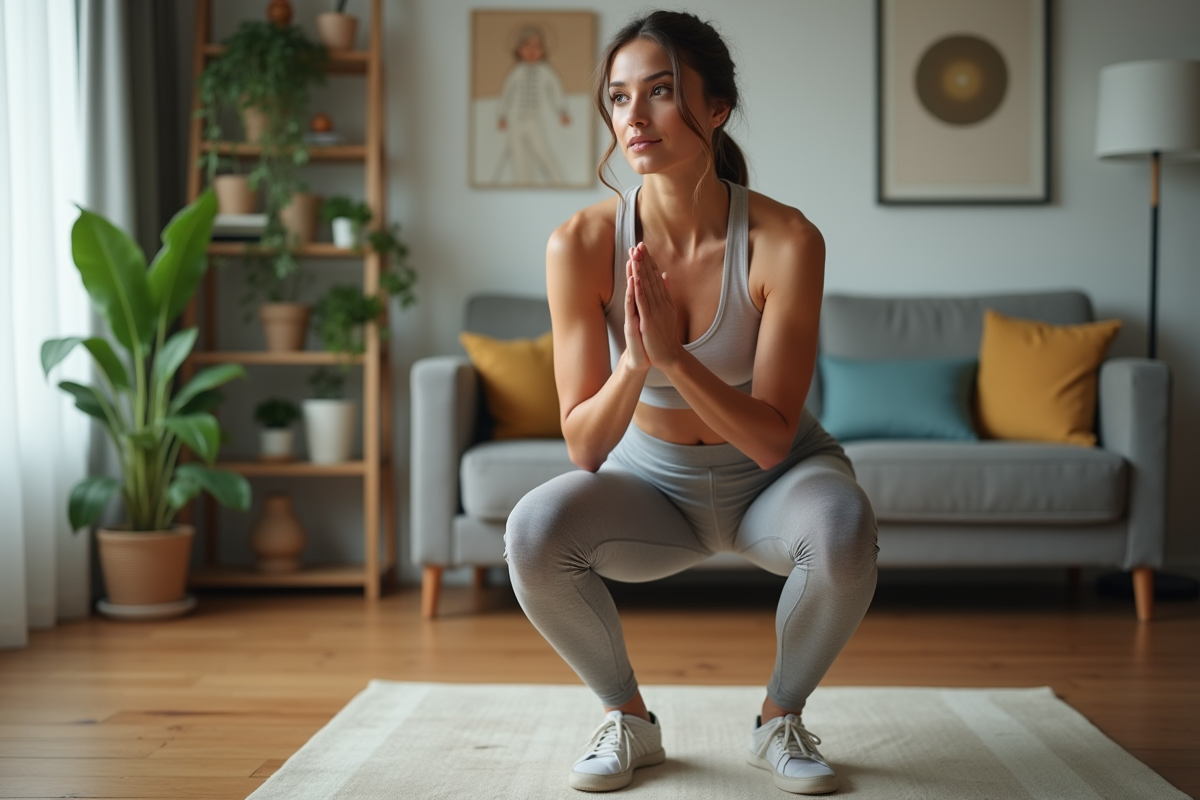 Femme en squats dynamiques dans un intérieur cosy