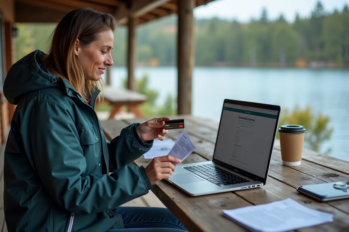 Femme consultant les tarifs de la carte de pêche 2026 sur un ordinateur portable au bord d'un lac, évitant les erreurs d'inscription