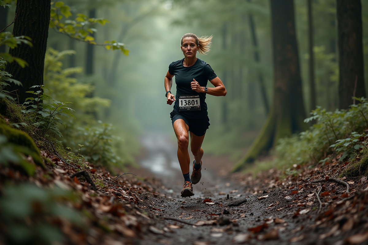 Femme coureuse en trail dans une forêt boueuse