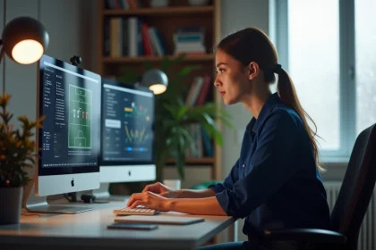 Femme travaillant sur un site de football depuis un bureau à domicile moderne, illustrant l'univers digital du football