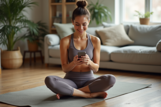 Femme souriante en yoga dans un appartement cosy