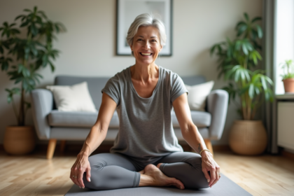 Femme active et souriante en yoga dans un salon cosy