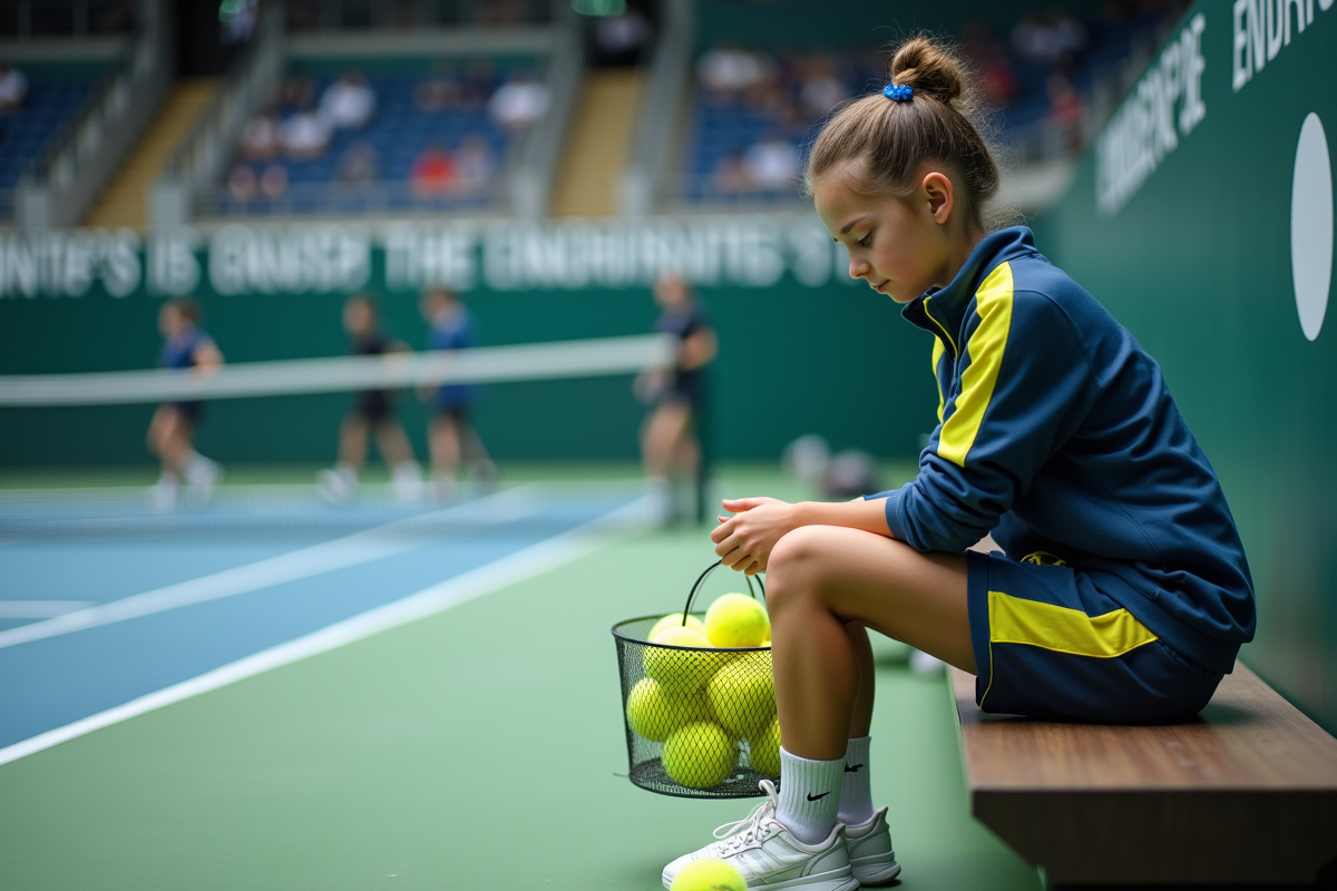 Fille en tenue de tournoi comptant des balles de tennis sur un banc intérieur