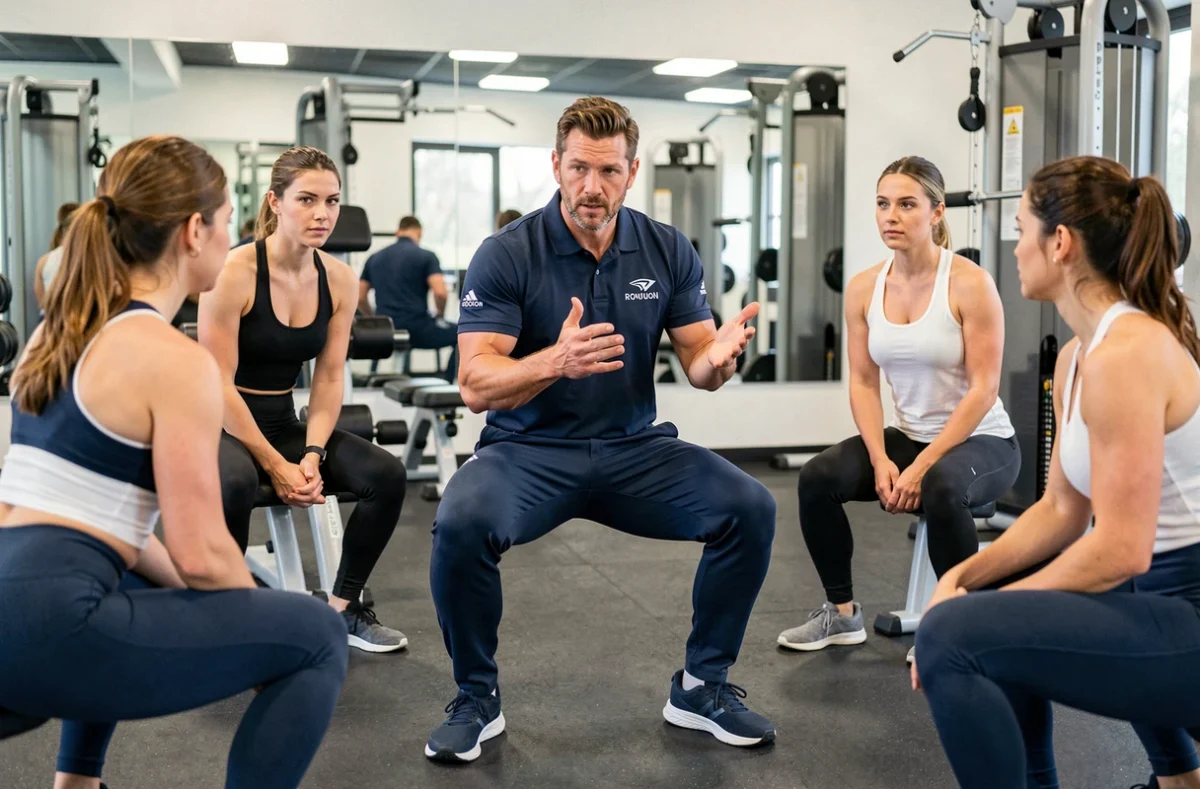 Coach sportif polyvalent Fit'forme démontrant un exercice à un groupe de clients dans une salle de gym à Rouen