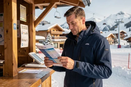 Skieur consultant un forfait longue durée au guichet de la station de ski de Pra Loup