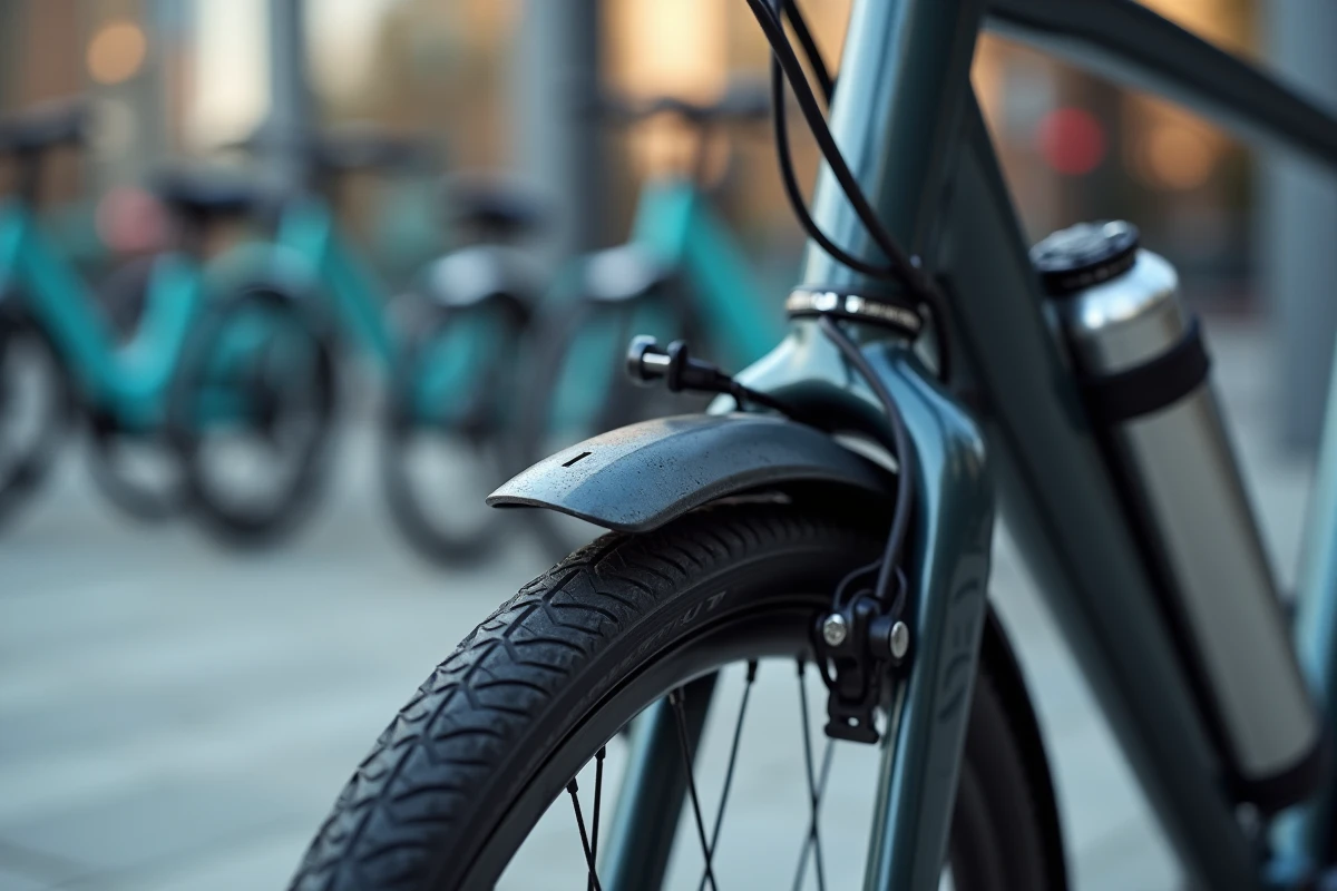 Gros plan sur un frein à disque hydraulique de vélo urbain moderne