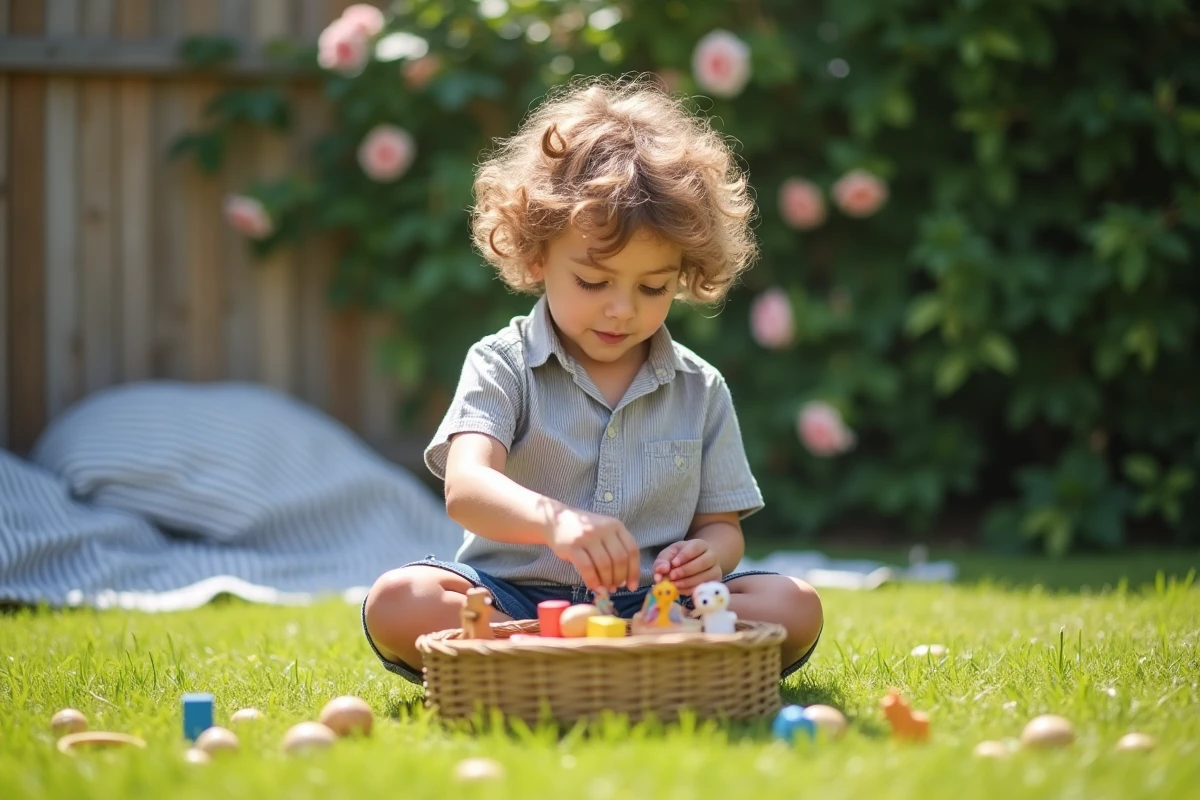 Jeune garçon aux cheveux bouclés triant des jouets en bois dans un panier en osier dans un jardin ensoleillé, stimulant sa capacité de tri et de catégorisation