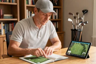 Golfeur étudiant une carte de parcours inconnu sur tablette et carnet de distances avant sa partie