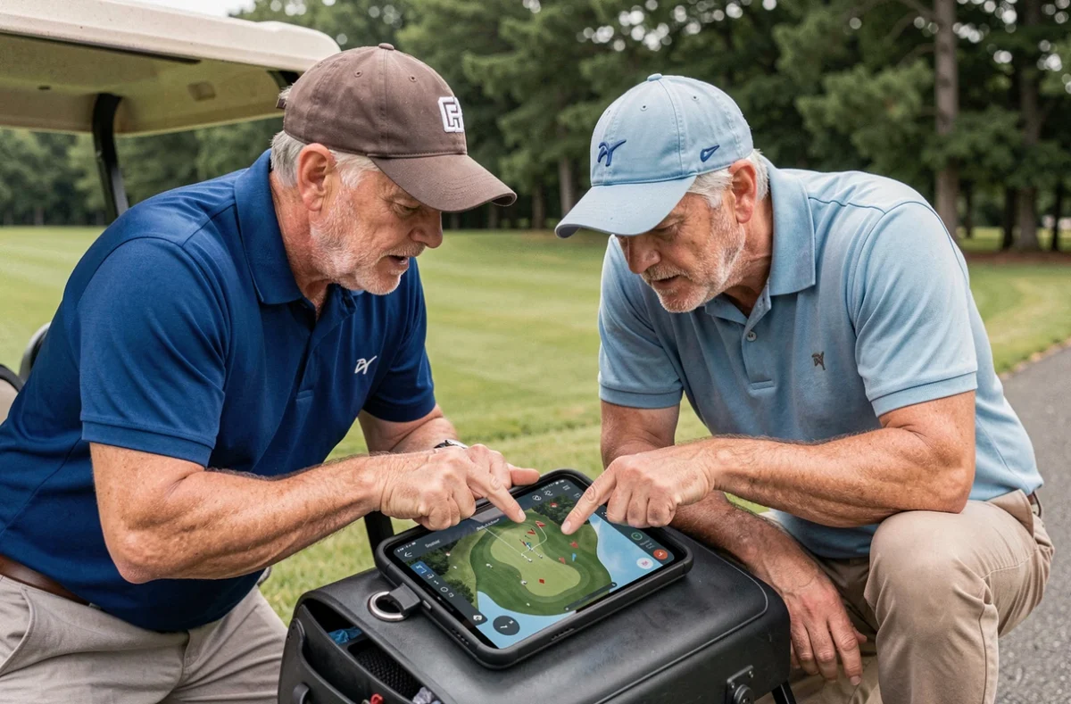 Deux golfeurs analysant un plan GPS de parcours inconnu sur smartphone avant de jouer le trou