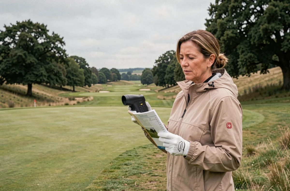 Golfeuse consultant un guide de distances sur un parcours inconnu avec télémètre à la main
