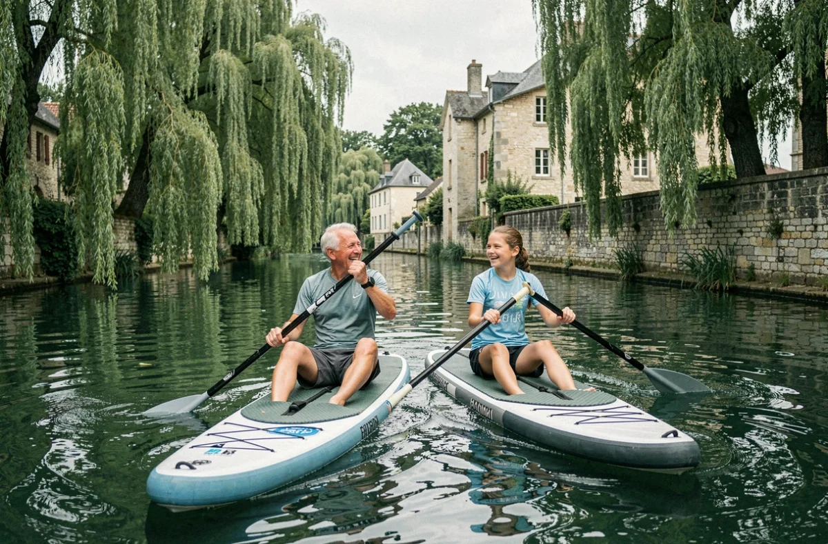 Grand-père et petite-fille faisant du stand up paddle sur une rivière en campagne française