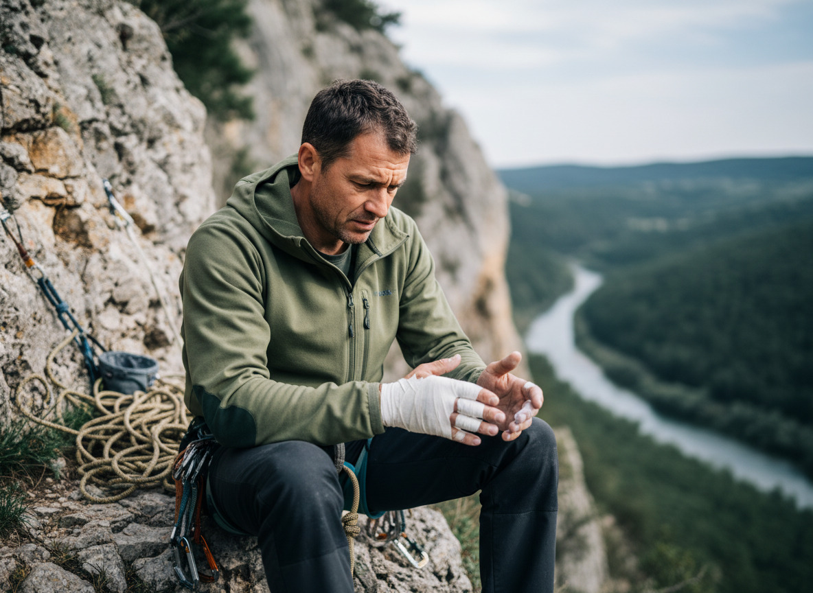 Homme grimpeur en extérieur examinant ses doigts