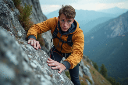 Jeune grimpeur sur une falaise de granite en montagne