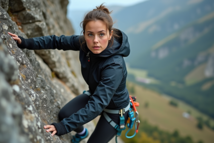 Jeune femme d'escalade en pleine ascension sur une falaise montagneuse