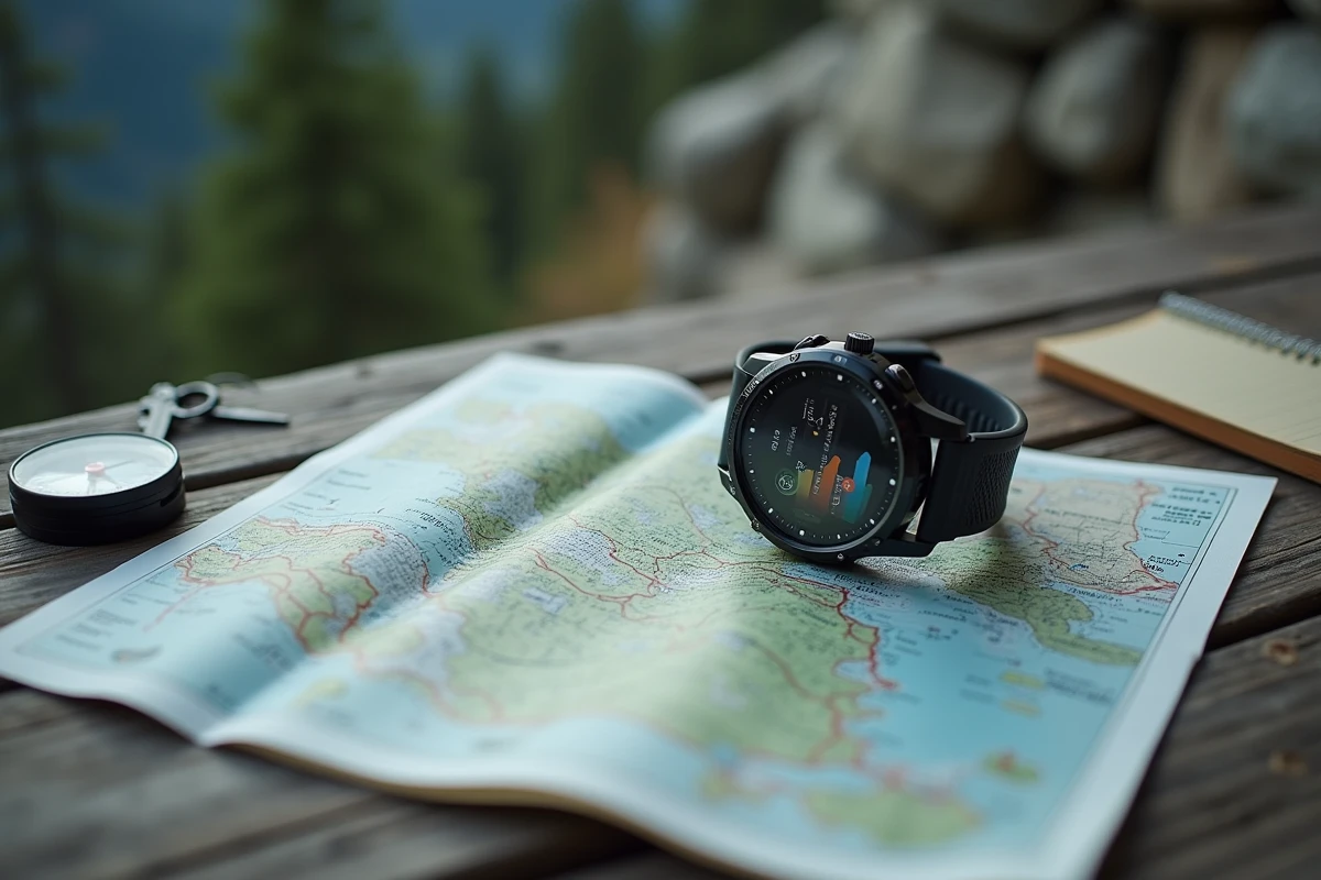 Gros plan sur une montre GPS de randonnée posée sur une carte topographique avec boussole et carnet de notes