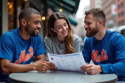 Groupe d'adultes au café à New York regardant un calendrier des Mets
