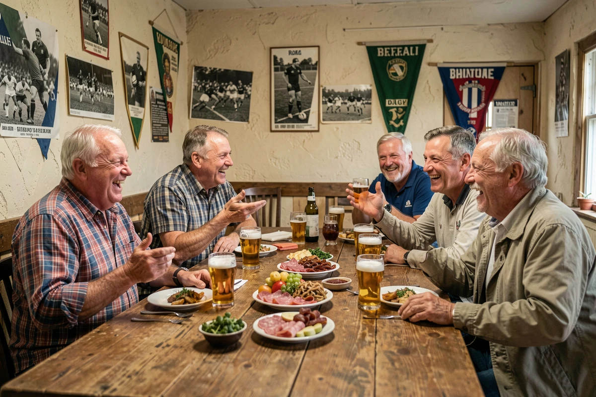 Groupe d'anciens joueurs de rugby français réunis autour d'une table en bois dans un vestiaire pour une troisième mi-temps conviviale