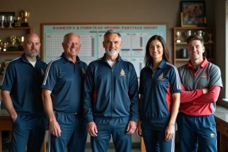 Groupe divers de sportifs devant un tableau de classement