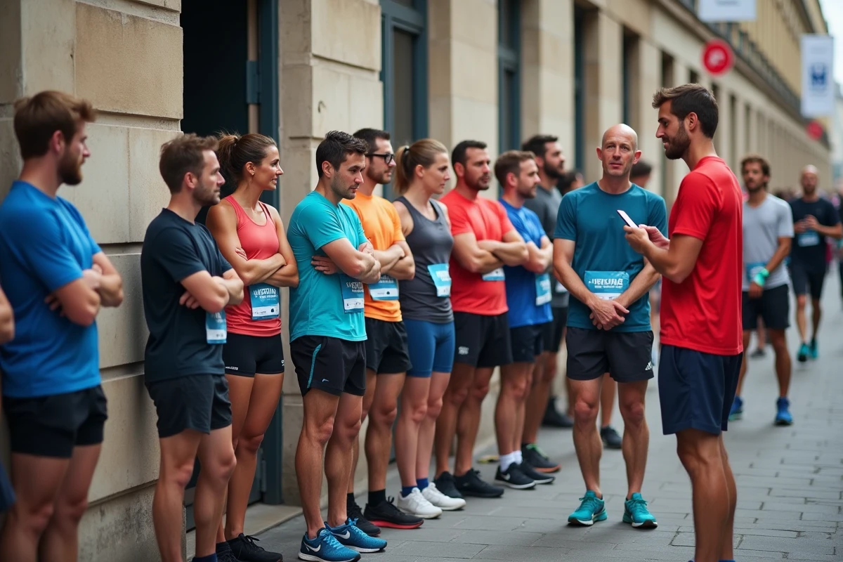 Groupe de coureurs amateurs devant une expo à Paris